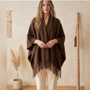 🔴 Jack & Missy "Embrace" Brown Knit Wrap Poncho Fringe Shawl One Size NWT
